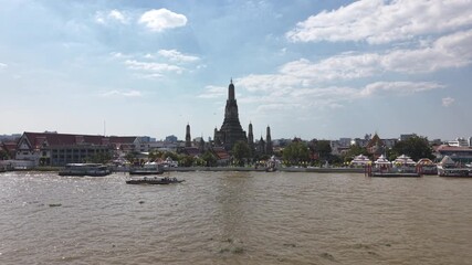 Bangkok, Thailand, 21st December 2025: Aerial shot of Chao Phraya River and Wat Arun temple