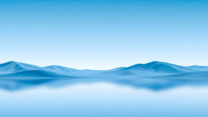 Minimalist blue 3D mountain landscape reflected in calm water background.
