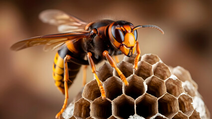 Macro shot of a hornet on its honeycomb nest with blurred background.

