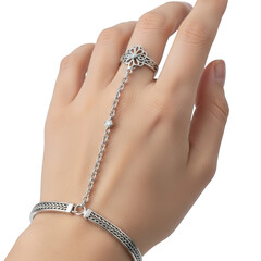 Silver slave bracelet with flower ring and diamond accent on hand jewelry