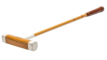 Vintage wooden croquet mallet with brown leather grip and white accents on black background wooden mallet