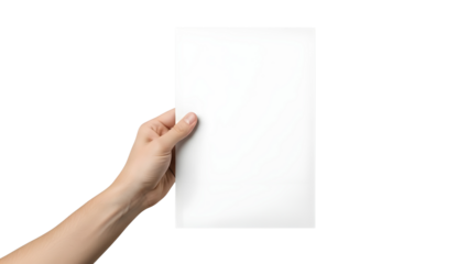 Hand Holding Blank White Paper Sheet Mockup isolated PNG with Transparent Background