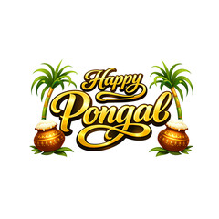 Happy pongal festive greeting typography with sugarcane and pongal pot isolated on transparent background 