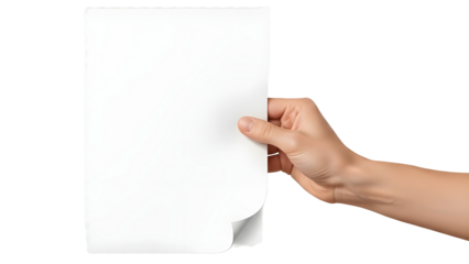 Woman's Hand Holding Blank White Paper Sheet with Curled Corner isolated PNG with Transparent Background