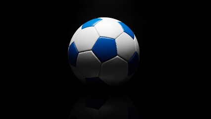 Naklejka premium Classic soccer ball with blue and white panels on black background sport game