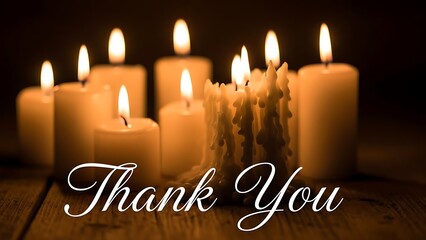 Warmly lit candles with Thank You message on wooden table