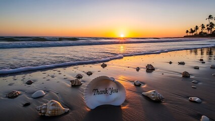Serene beach at sunset with thank you message on shell