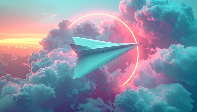 Paper airplane soars through fluffy clouds, framed by a glowing circle against a colorful, dreamy sky - Powered by Adobe