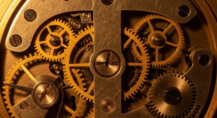 Intricate brass clockwork mechanism with multiple interlocking gears wheels and precision mechanical components in golden warm lighting