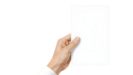 Male Hand Holding Blank White Vertical Paper Sheet Mockup isolated PNG with Transparent Background
