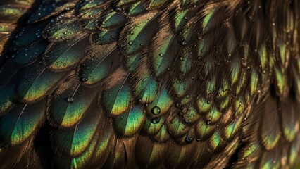 Iridescent peacock feathers with water droplets showing emerald green bronze metallic shimmering plumage texture close up macro photography