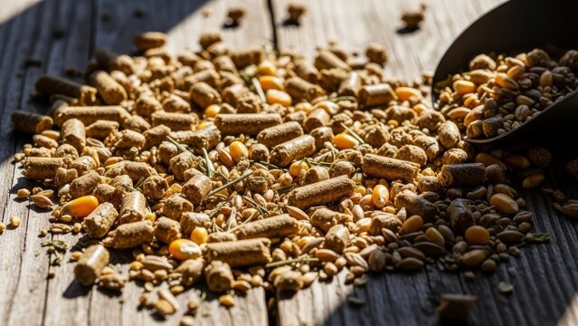 Mixed animal feed pellets grains corn seeds scattered wooden surface black scoop farm livestock nutrition supplement ingredients