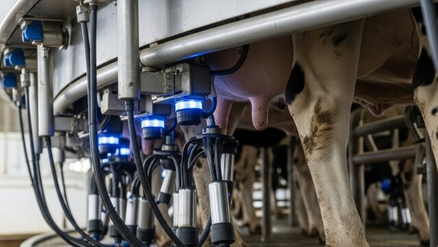 Modern automated milking system with robotic equipment attached to dairy cow udders in commercial farm facility