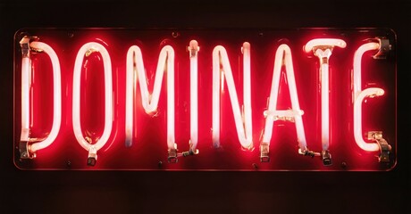 Bright red neon sign spells DOMINATE. Dark background emphasizes glowing text. Bold lettering creates strong visual impact.