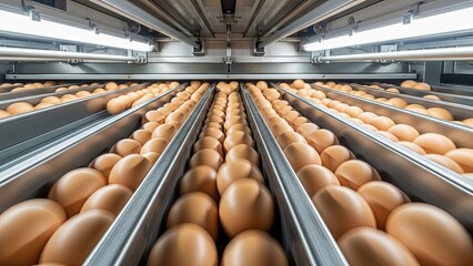 Industrial egg production facility conveyor belt system transporting thousands of brown eggs in commercial poultry processing plant