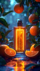 Perfume bottle surrounded by oranges and leaves, luminous orange glow, set against a blurred, moody blue backdrop