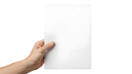 Hand Holding Blank Vertical White Paper Sheet Mockup isolated PNG with Transparent Background