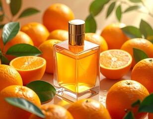 Perfume bottle stands center, surrounded by vibrant oranges and fresh green leaves on a reflective surface, warm light