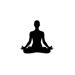 White silhouette of a person meditating in lotus pose on black background yoga