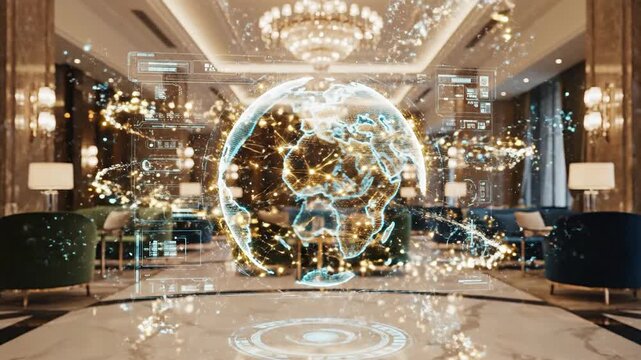 Futuristic holographic Earth projection displaying global connectivity in a luxurious hotel lobby, symbolizing advanced technology and modern hospitality