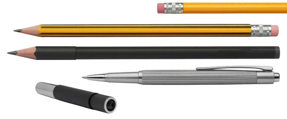 Assorted writing utensils pencils isolated on a transparent background