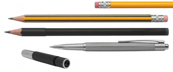 Assorted writing utensils pencils isolated on a transparent background