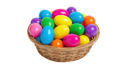 Woven basket overflowing with colorful plastic Easter eggs on black background plastic eggs