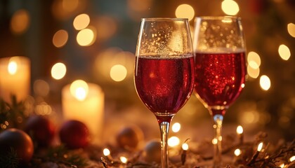 Two glasses filled with red bubbly drink sit on a table with candles and lights. A festive scene suggests celebration and enjoyment. Perfect for holiday or special occasion themes.