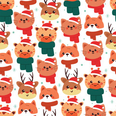 seamless pattern cute cartoon animals with scarf and Christmas element for winter wallpaper