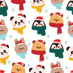 seamless pattern cute cartoon animals with scarf and Christmas element for winter wallpaper