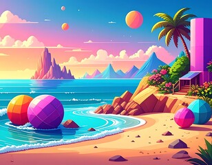 Pastel tropical beach with spherical objects, palm trees, and vibrant colors in a dreamy, surreal scene