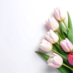 Pastel tulips in cluster, with soft light and bright background offering open space