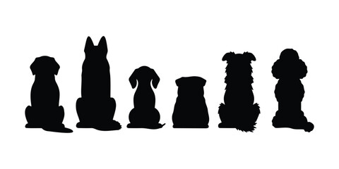 6 back view dog sitting silhouette vector flat illustration design.