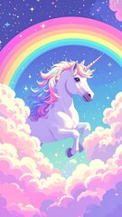 Pastel unicorn soars amid soft clouds under a vibrant rainbow against a starry sky, evoking fantasy and whimsy