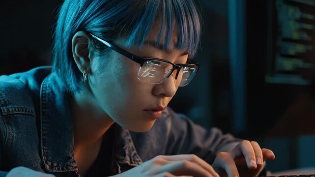 Typing on keyboard at desk. Young woman focuses on screen. Programmer writes code on computer. Developer and coder review lines reflected in eyewear. Ambient light suggests late work. Focus stays.