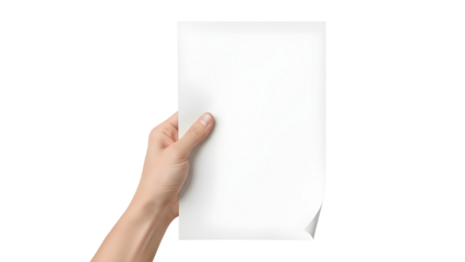 Hand Holding Blank White Paper Sheet with Curled Corner Product Shot isolated PNG with Transparent Background