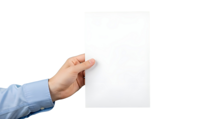 Man's Hand Holding Blank White Vertical Paper Card Mockup isolated PNG with Transparent Background