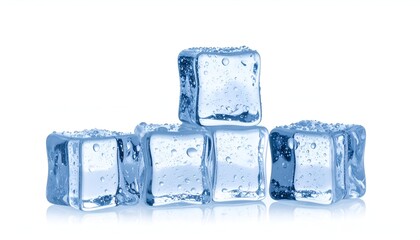 Obraz premium Five clear ice cubes arranged, reflecting light on a white background
