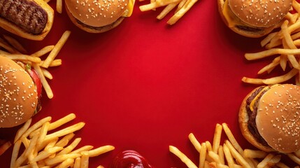 Burgers and fries arranged on a red background creates a vibrant and enticing image for fast food.