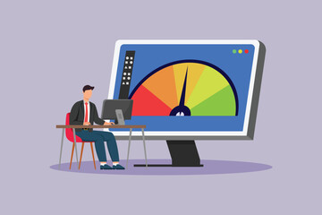 Benchmarking data appears on the monitor screen and is seen by people. Benchmarking Concept. Colored flat vector illustration isolated