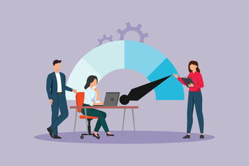 Benchmarking data appears in front of the person who is analyzing it. Benchmarking Concept. Colored flat vector illustration isolated