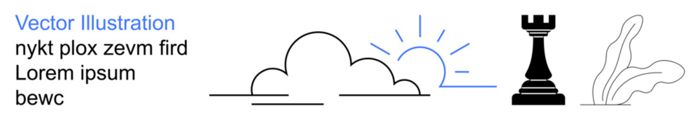 Abstract design, creativity concepts, chess strategy, minimalism, art decor, nature. Simple line art including clouds, a sun a chess rook and a plant. Creativity and chess strategy concept © robu_s