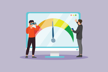 Benchmarking data appears on the monitor screen and is seen by people. Benchmarking Concept. Colored flat vector illustration isolated