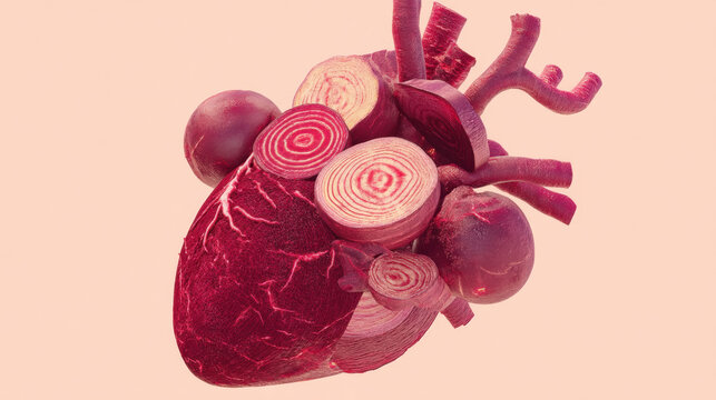 Beetroot Heart, A 3D heart-shaped arrangement made of sliced and whole deep red beetroots, isolated on a pale pink pastel background.