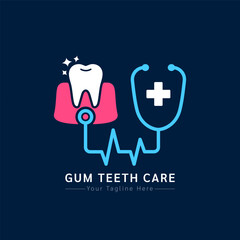 Medical dentist health care logo design modern simple shape. White cross or plus sign in blue stethoscope and human gum teeth on a dark background. Vector illustration.