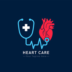 Medical health care logo design modern simple shape. White cross or plus sign in blue stethoscope and red human heart on a dark background. Vector illustration.