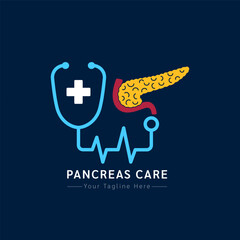 Medical health care logo design modern simple shape. White cross or plus sign in blue stethoscope and yellow human pancreas on a dark background. Vector illustration.