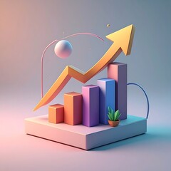 Pastel-toned graphic shows bar graph with upwards arrow, geometric shapes, & small potted plant on a platform