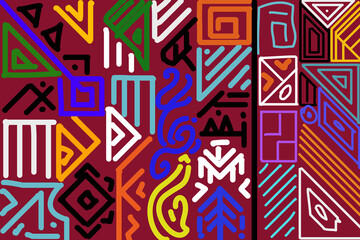 Colorful tribal geometric pattern, ethnic abstract symbols, hand-drawn shapes, bold vibrant colors, red background, modern folk art style, seamless textile design, flat vector illustration.