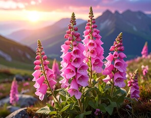 Pink foxgloves glow against a mountain sunset backdrop. Soft light graces the blooming flora in this scenic landscape